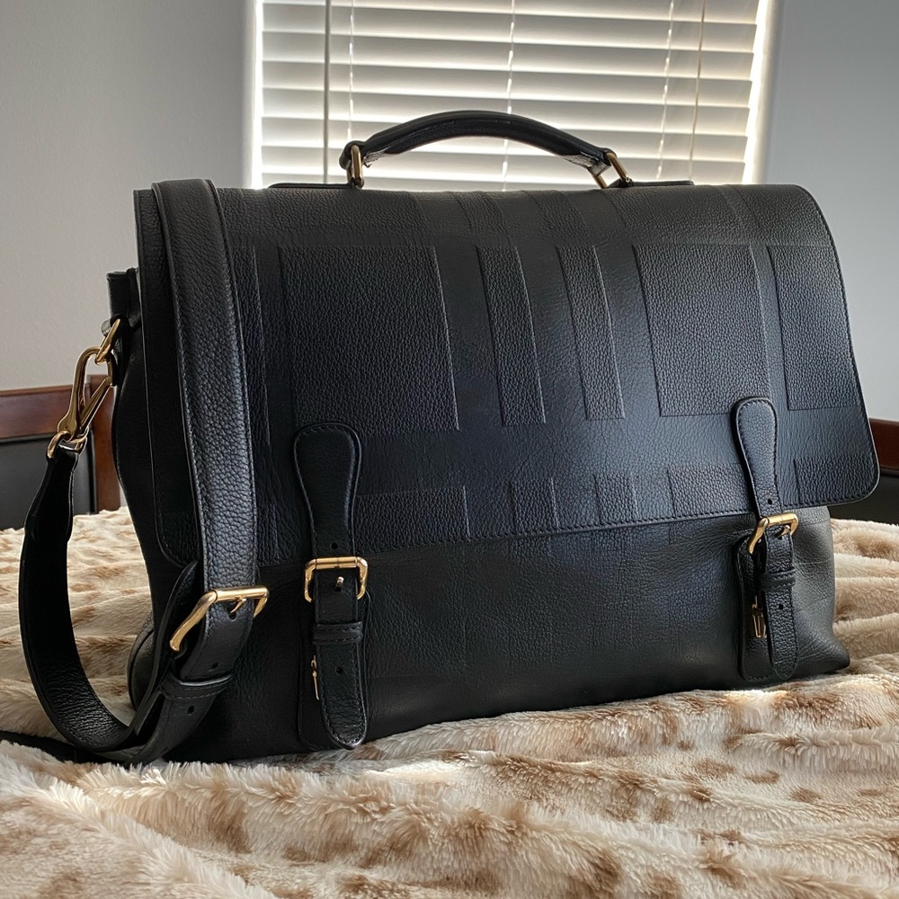 Burberry Black Leather Messenger Bag Laptop Briefcase